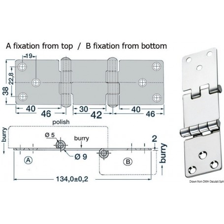 Charnière inox 134x38mm Le lot de 2 - Osculati Charnières Haute Qualité 8033137005213 38.441.82
