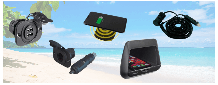 Prises allume-cigares et chargeurs USB étanche pour bateau.